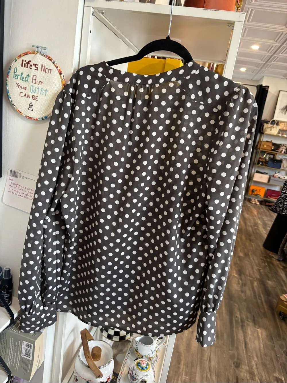 J. Crew gray Blouse with White Polka Dots